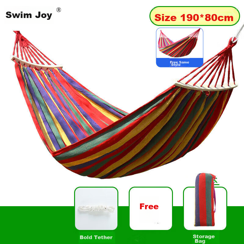 Yonglebao Single-Person Crescent-Shaped Anti-Rollover Hammock, Outdoor Camping Thickened Wide Canvas Hammock with Bent Wood Frame, Rainbow Color, 2-Piece Set