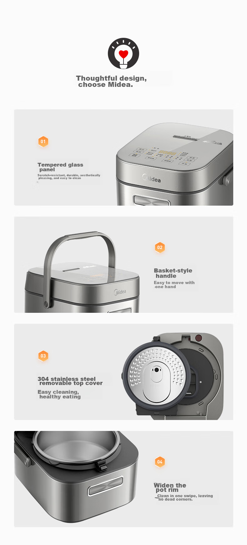 Midea Pure Titanium 0 Coating Low Sugar Rice Cooker, 3L Electric Rice Pot for Home Use, 2-3 People, Chiyang Charcoal Fire 1000W Electromagnetic IH Dual Heating Source, Titanium Pot Set 18
