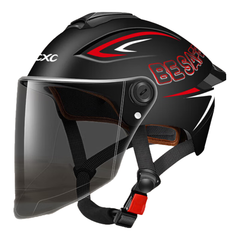 Chexiaocheng Motorcycle Helmet, Electric Vehicle 3C Certified, All-Season Universal Safety Helmet, Half Helmet with Dual Visor, Sun Protection, Adjustable Head Circumference, Black