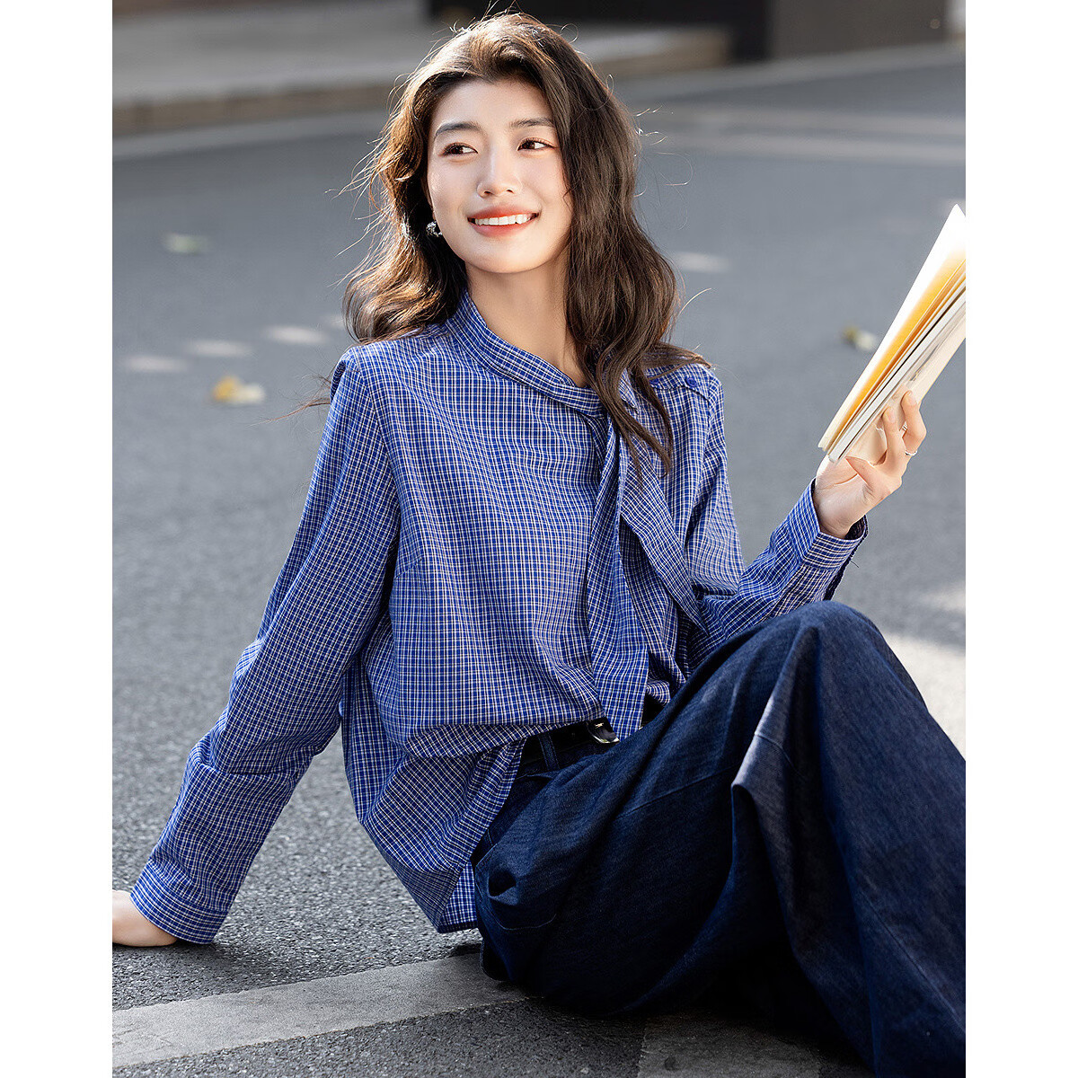Dme [Pure Cotton Plaid] Autumn Literary Vintage Plaid Shirt with Tie Collar, Petite Elegant Blouse Women's Top