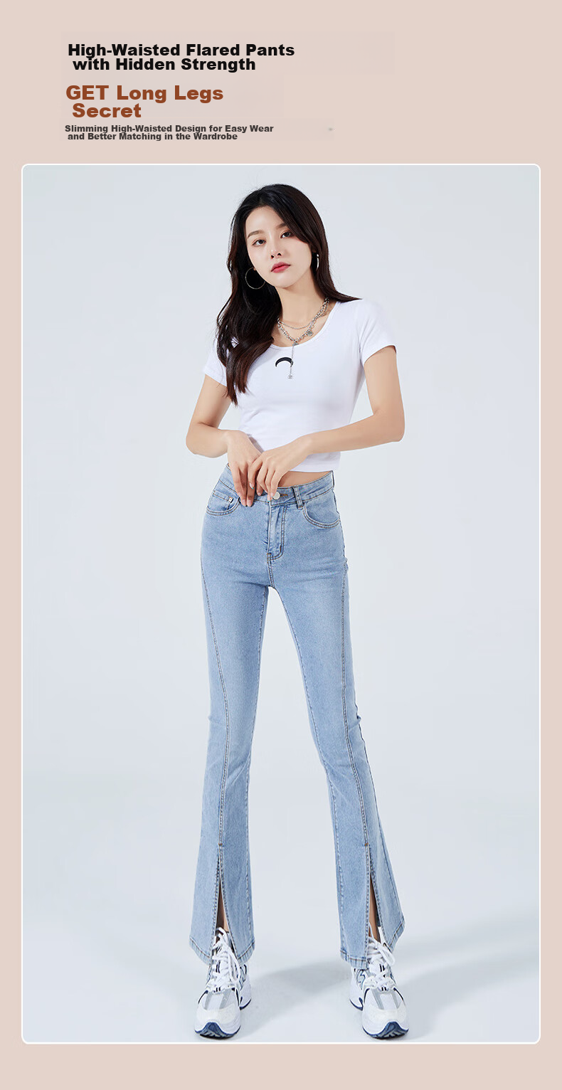 Langsha Micro Flare High-Waisted Slim-Fit Jeans for Women, Spring And Autumn Season, Butt-Lifting, Slimming, Side Slit, Flared Pants, Blue Casual Long Trousers 1