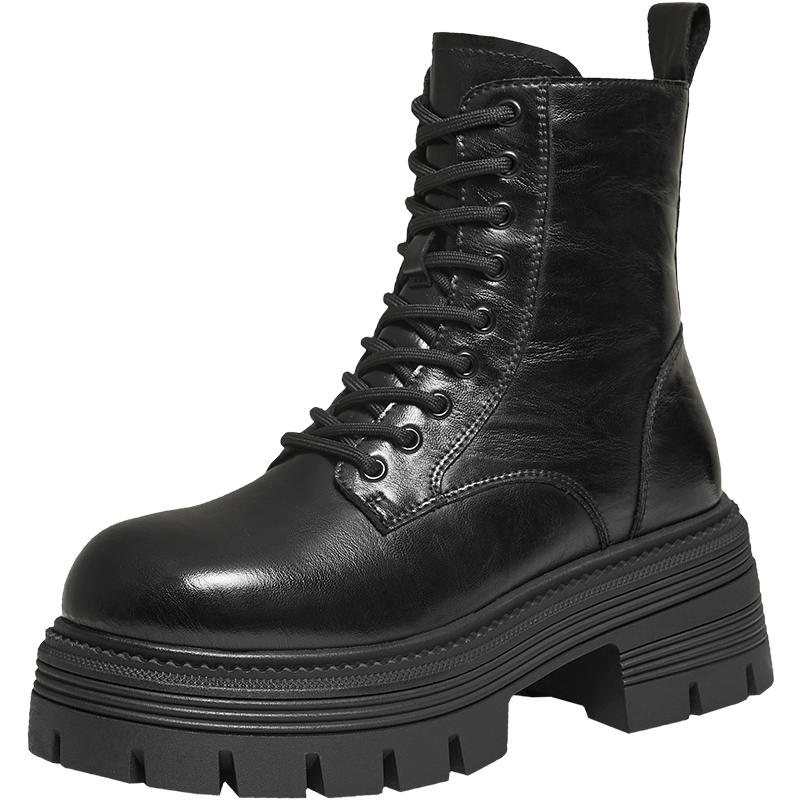 TATA TATA Patrol Star Women's Boots Work Boots Black Layered Martin Short Boots Black (Fleece Lined) Size 35