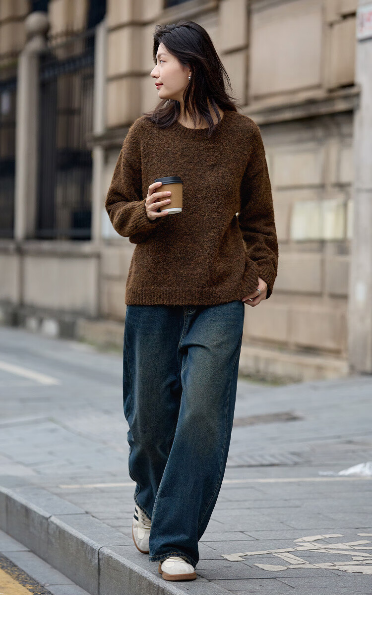Dme Wilderness Forest Sweater Winter Style Knitted Top Retro Brightening Lazy Round Neck Sweater for Women, Dark Coffee Color, M 12