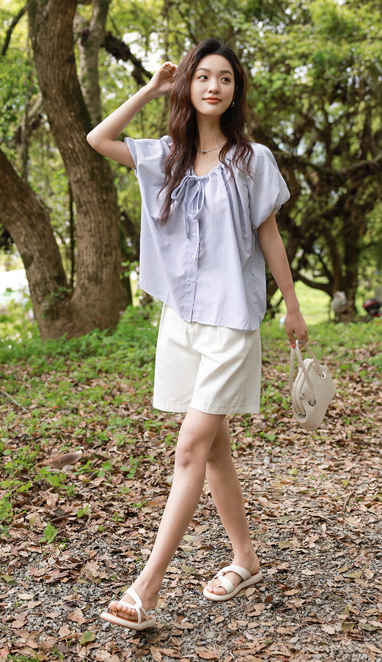 Dme [Academic Style Striped Shirt] Summer Youthful Lantern Sleeve Collar Butterfly Stripe Short-Sleeve Women's Shirt 4