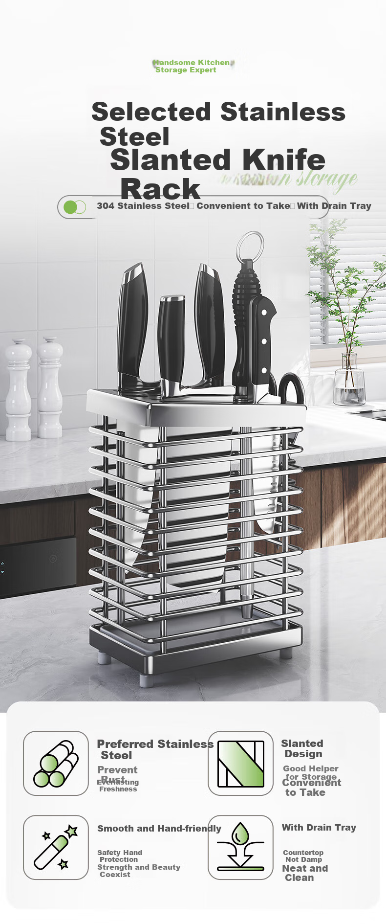 Shuaishi Kitchen Stainless Steel Knife Holder, Cutting Board Storage Rack, Chopsticks And Spoon Organizer, Utensil Storage Shelf, Knife Stand, Countertop Draining Rack 1