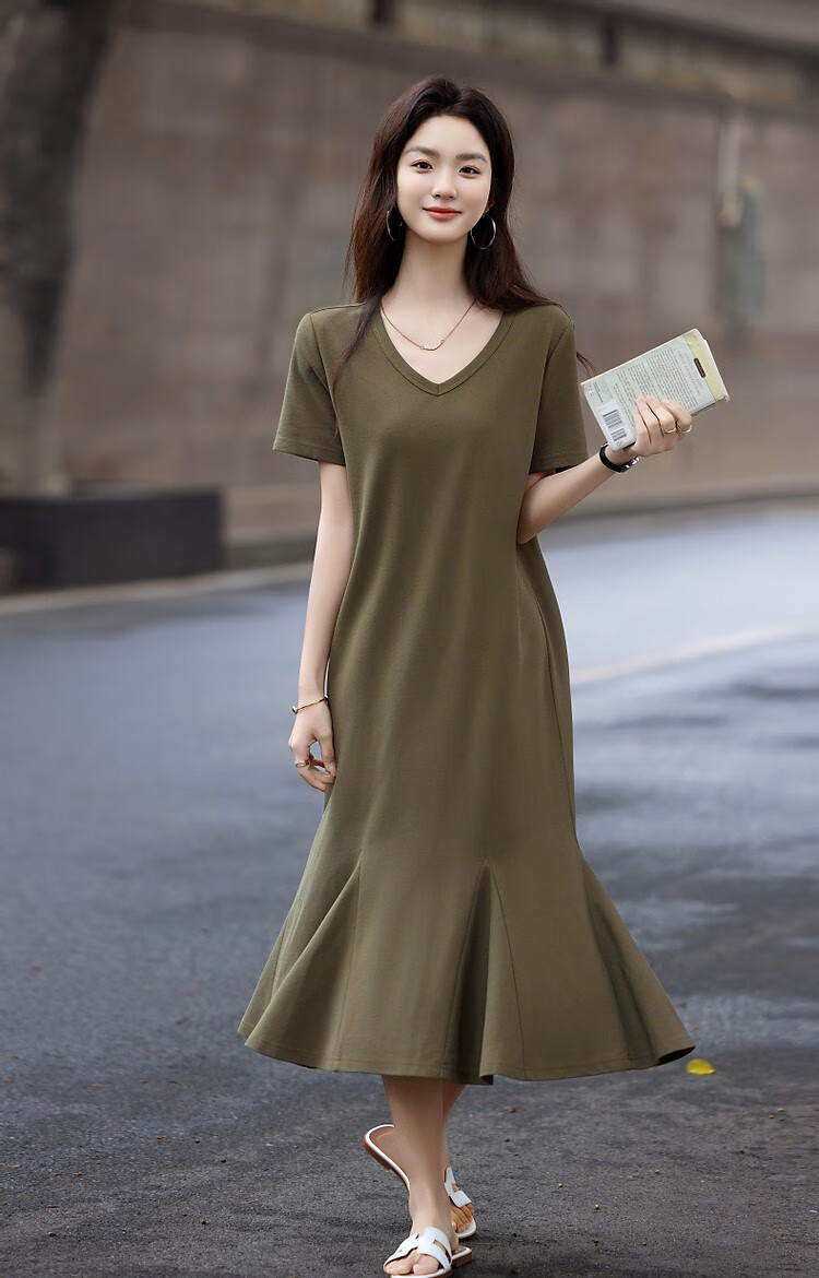 Demana Gentle Cloud Cotton Summer Relaxed V-Neck Loose Patchwork Hem Knitted Mid-Length Straight Women's Dress 22