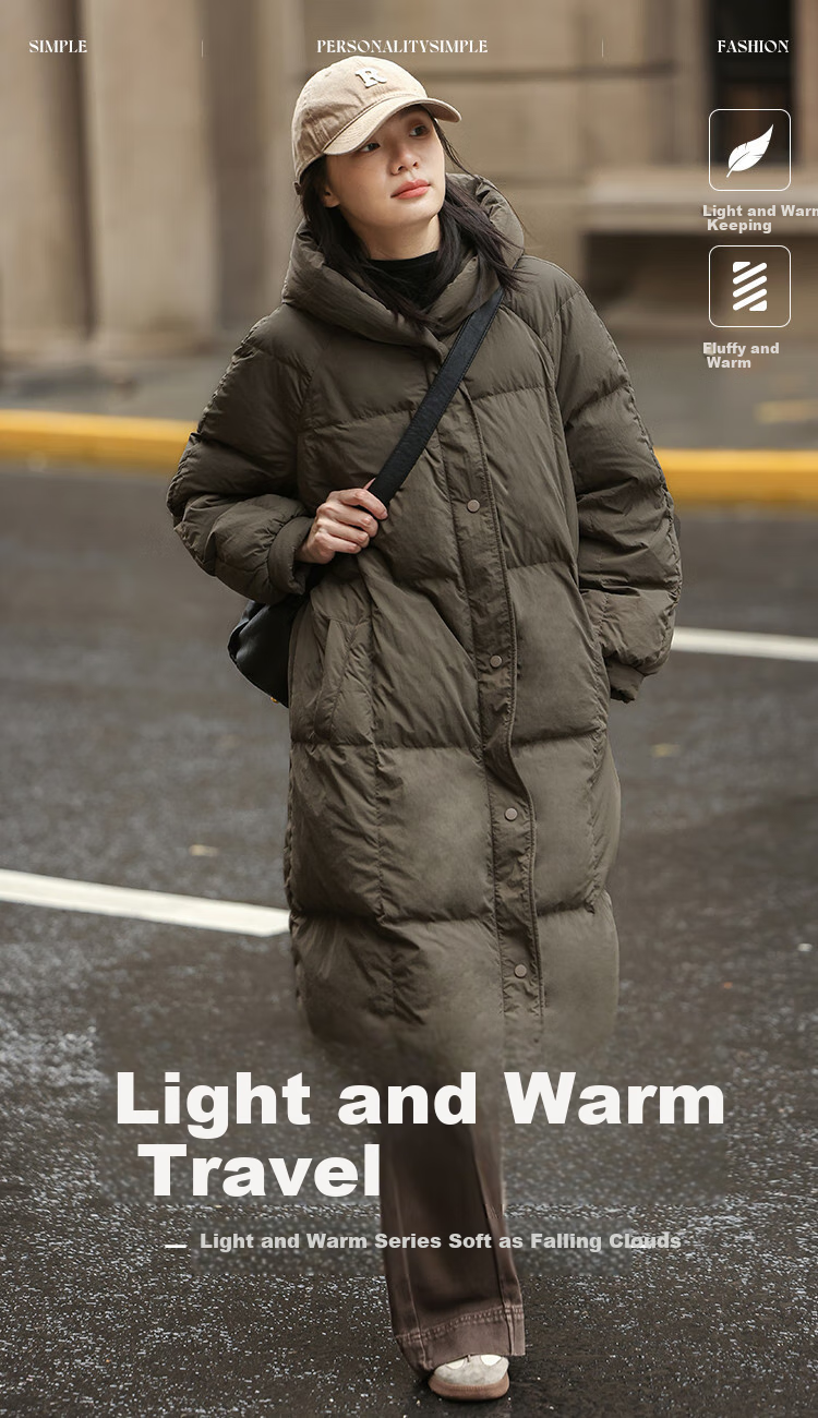 Dme [Retro Long Hooded Down Jacket] Winter Style with Side Pockets, Waist Belt, Long Women's Down Coat, Coffee Color, M 1