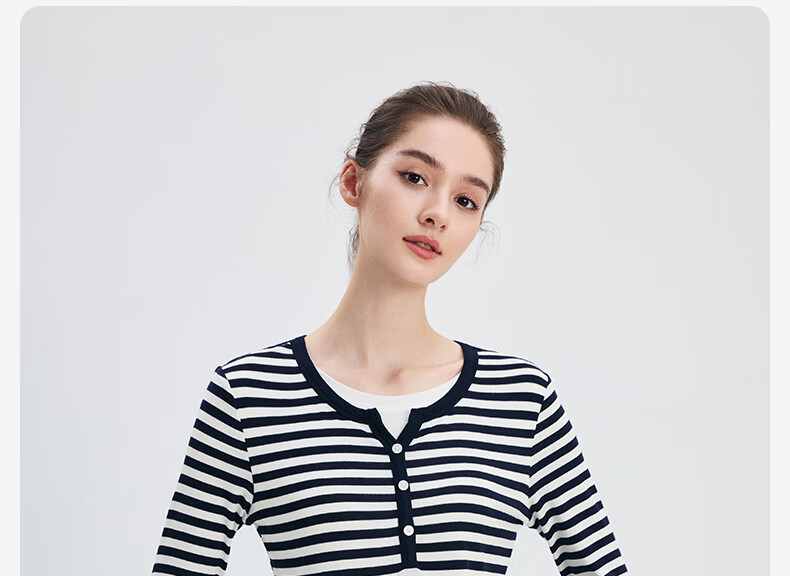 Navigare Women's Fashion Slim-Fit Striped Comfortable Faux Two-Piece Long-Sleeve T-Shirt 2315005502 1