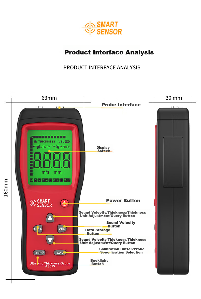 Xima AS853 Ultrasonic Thickness Gauge for Plastic And Metal Steel Plate Thickness Measurement, High-Precision Thickness Meter 10