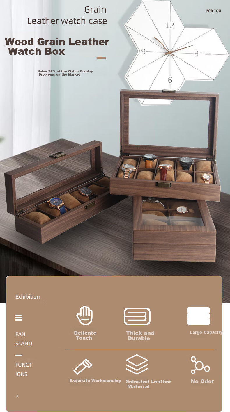 DUOJINJIANG Handmade Wooden Watch Storage Box with Multiple Watch Slots, Dustproof Velvet Interior, Walnut Wood, 6 Watch Slots, Elegant Gift 1