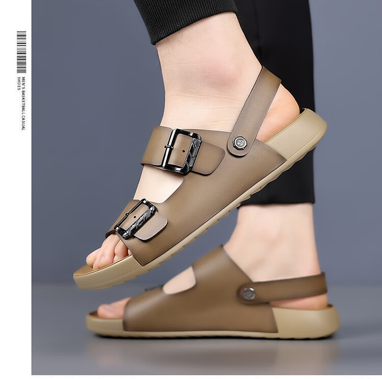 Aokang Men's Sandals, Summer Beach Shoes, Casual Slippers, Soft-Soled Sandals, Khaki Color, Size 42 1