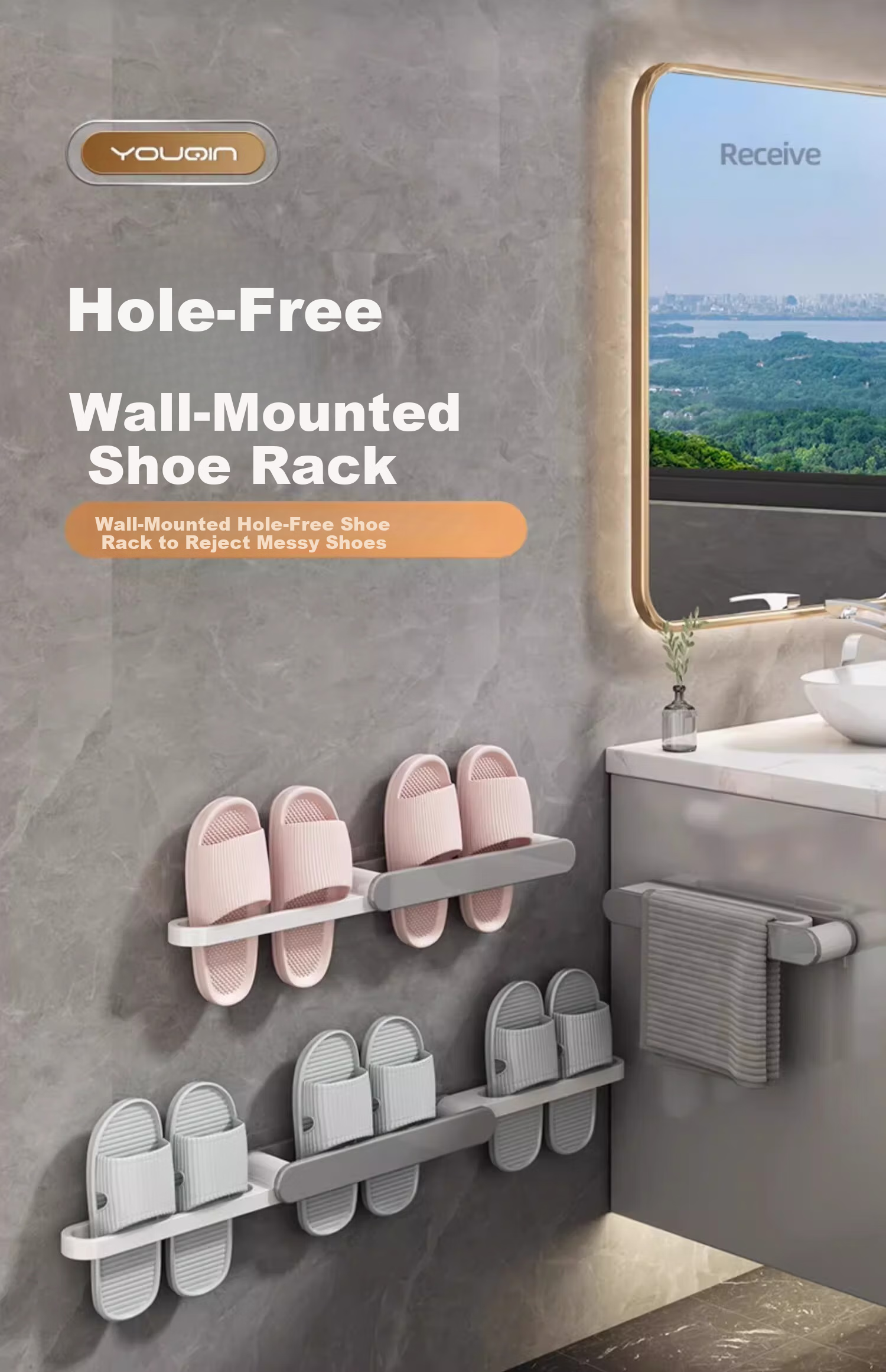 YOUQIN Bathroom Slipper Rack, No Drilling Required, Shoe Storage Organizer, Bathroom Storage Shelf, Door-Back Hanging Rack, Wall-Mounted Water-Draining Shoe Rack 1