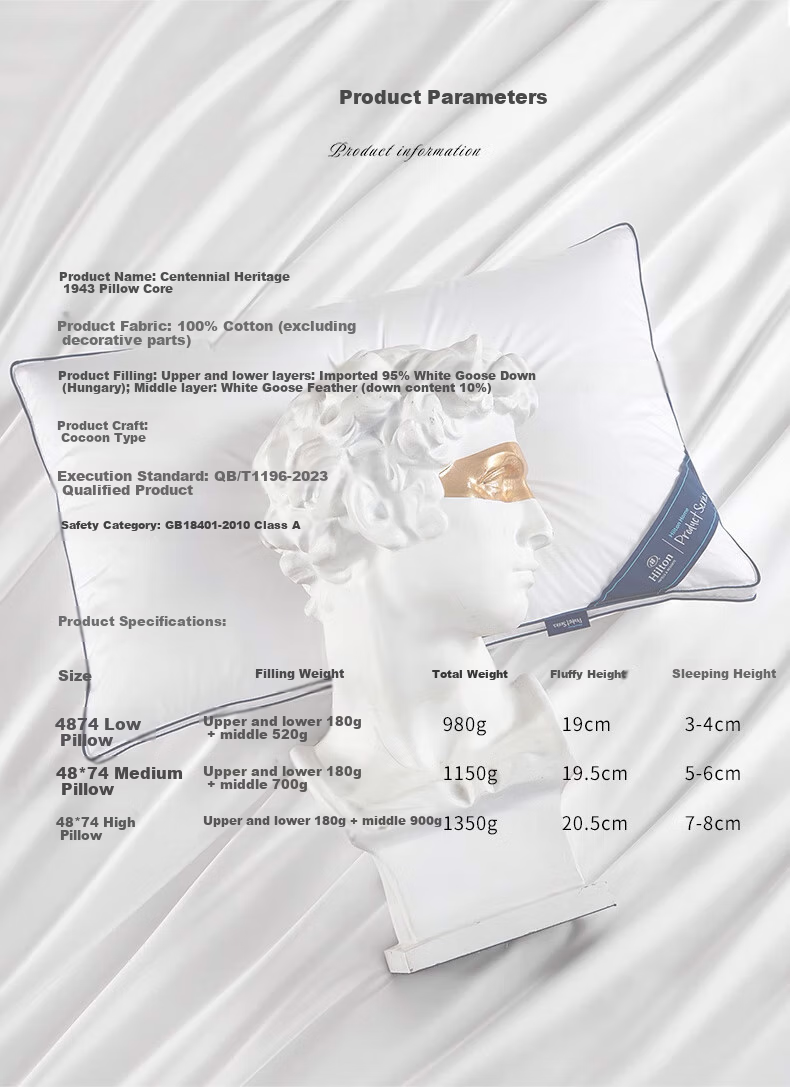 Canasin Hilton Hotel down Pillow, 95% Hungarian White Goose Down Pillow Core, Single Pack, 74*48cm Low Pillow 14