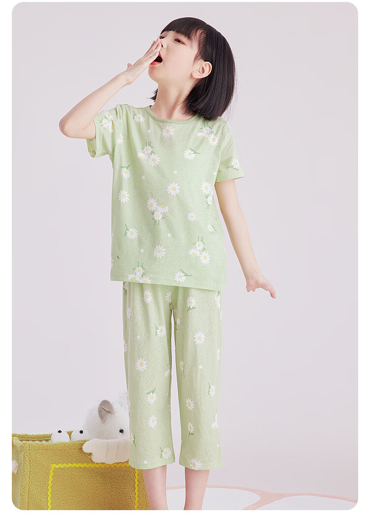 DEESHA Girls' Pajamas, Spring And Summer Thin Mesh Breathable Antibacterial Pure Cotton Air Conditioning Wear, for Older Children's Home Wear Set 8