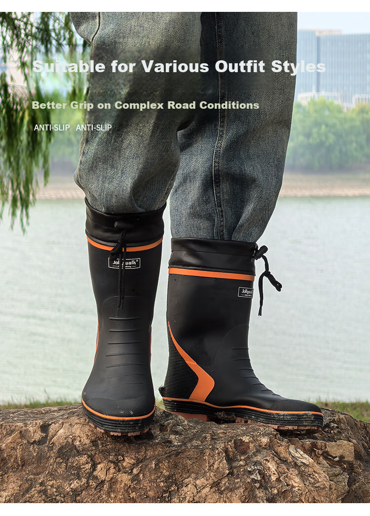 Jolly Walk New Rubber Rain Boots, Outdoor Fishing Waterproof Boots with Protective Cuffs, Black And Orange (New Cowhide Sole), Size 42 5