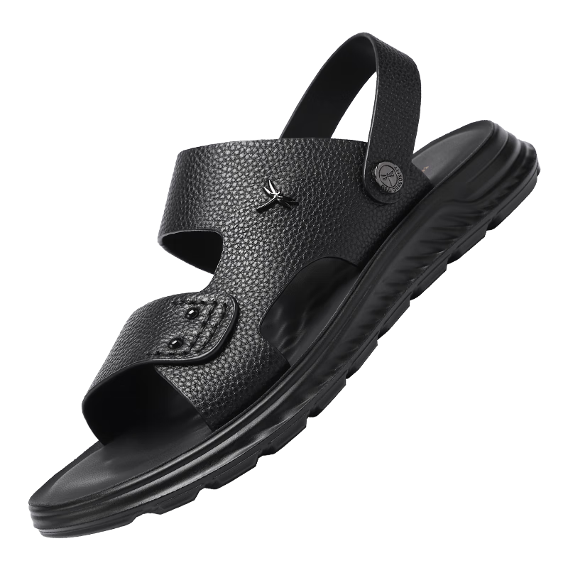 RED DRAGONFLY Leather Sandals for Men, Summer Breathable Casual Slippers, Cowhide Beach Shoes, Two-Way Wear WTT250021 Black Size 40