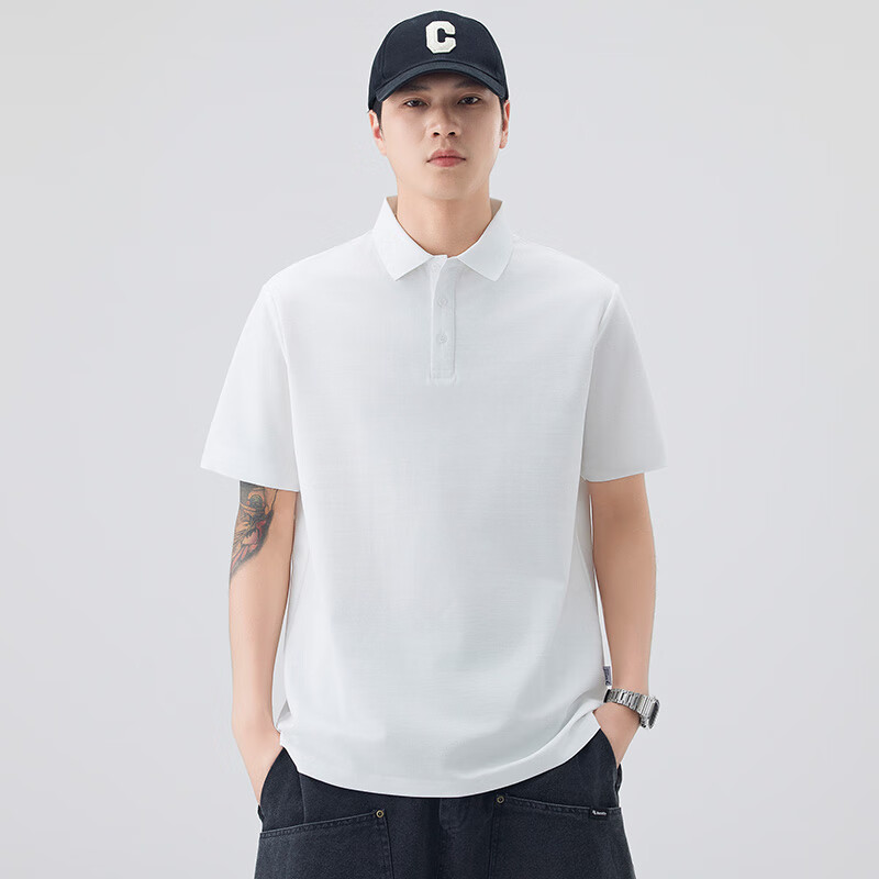 Dingfengbaoluo American Heavyweight Polo Shirt for Men, Spring And Summer Collared Comfortable Breathable Short-Sleeve T-Shirt QZ20 White 4XL