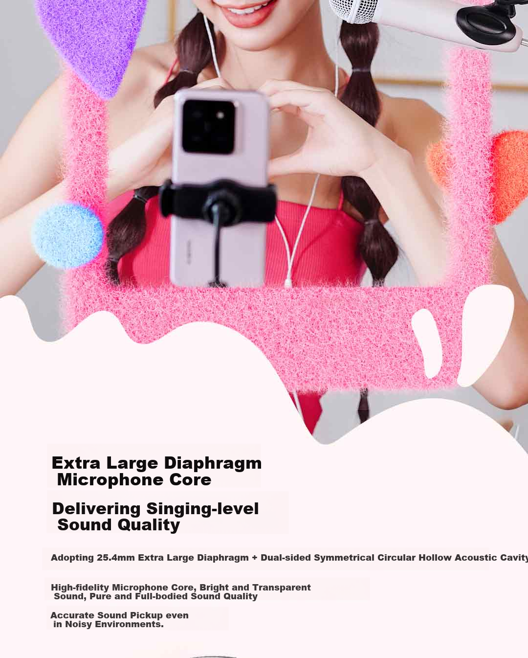 Chunmai Wireless Mobile Phone Microphone for Live Streaming Karaoke, Sound Card Recording Equipment, Pink Sweet Cone 9