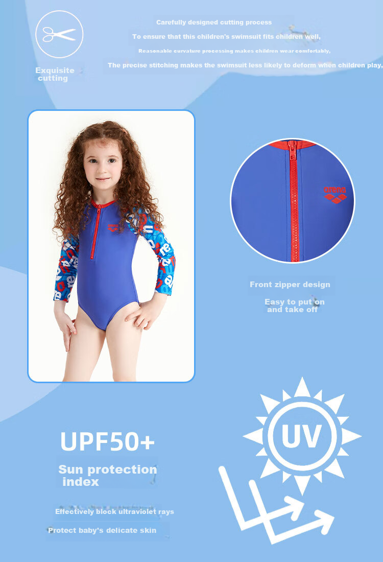 Arena Children's Swimsuit for Girls, Triangle Long-Sleeve One-Piece Swimwear, Sun Protection, Quick-Drying, Comfortable, Breathable, for Hot Springs, Vacation, And Training 2