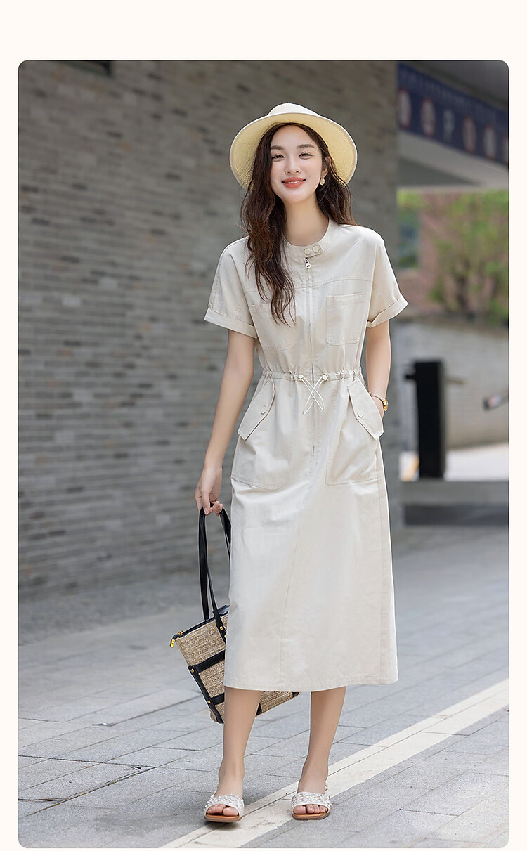 Demana [Healing Pure Cotton] Summer Workwear Style Stand Collar Sleeve Fold Adjustable Waist Petite Women's Dress 2