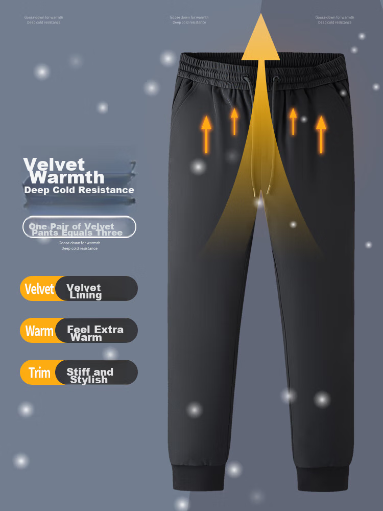 Yalu Men's Winter Thickened Casual Long Pants, Fleece-Lined Trousers, Warm Goose Down Pants with Elastic Cuffs 4