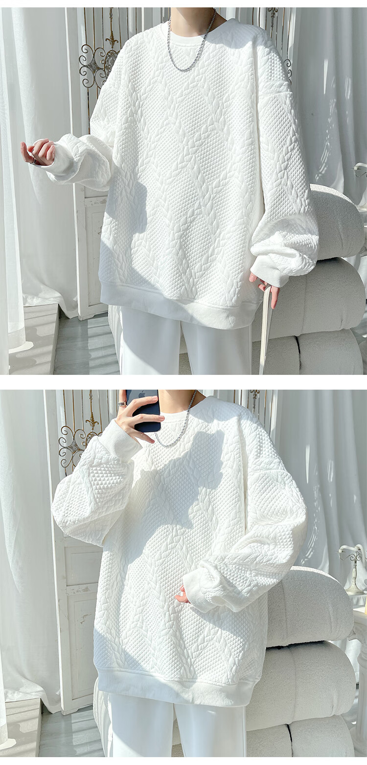 Dingfengbaoluo Casual Crew Neck Sweatshirt for Men, Autumn And Winter Twisted Pattern Trendy Loose Base Layer, Versatile Top GC55 White 4XL 6