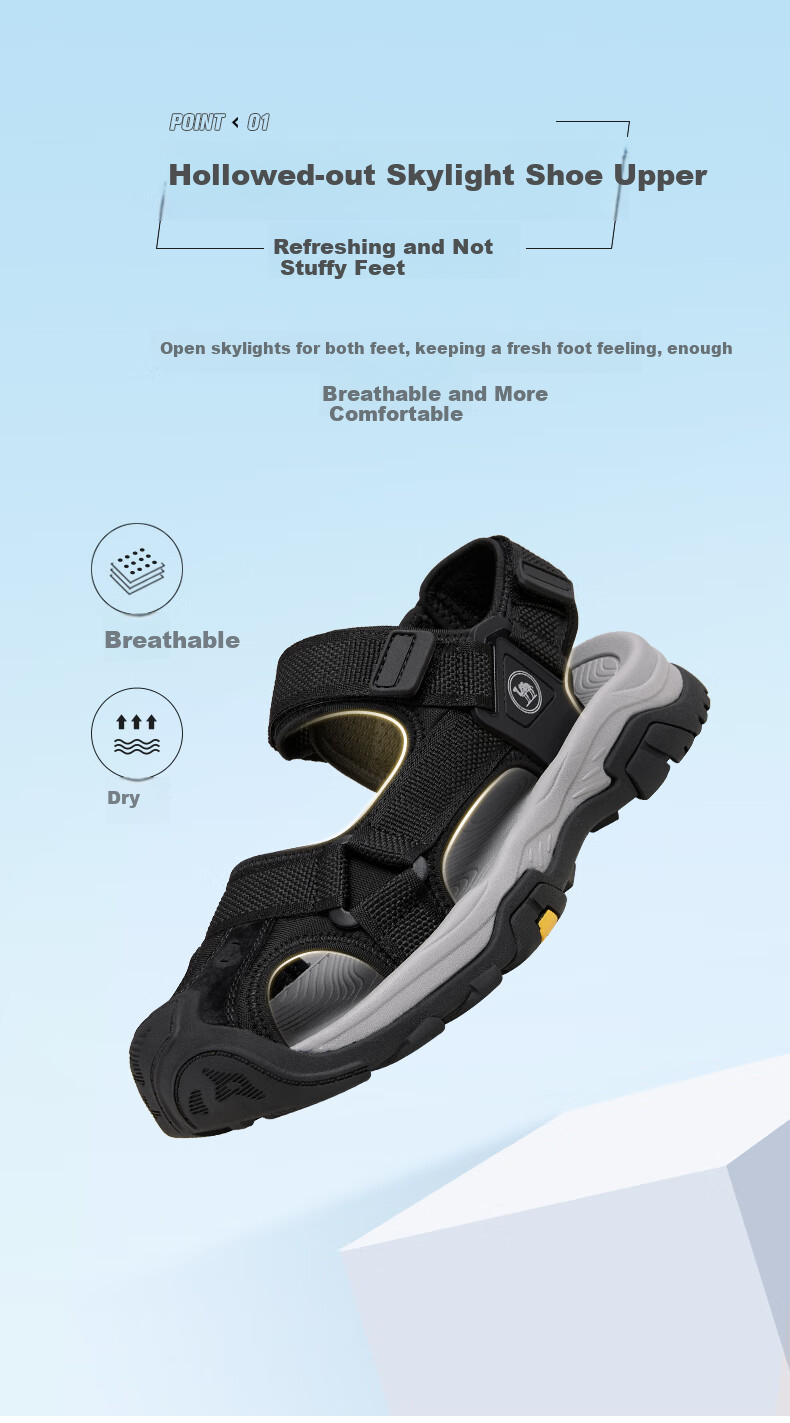 CAMEL Brand, Hollow Breathable Closed-Toe Outdoor Beach Casual Velcro Men's Sandals P14M307605, Black, Size 43 2