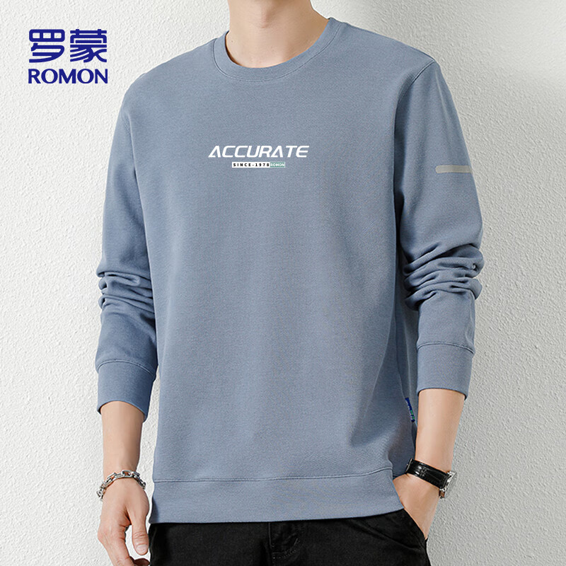 Romon Men's Sweatshirt Spring Autumn Crew Neck Loose Long Sleeve T-Shirt Base Layer Jacket Men's Wear YT01 Blue XL Fleece Optional