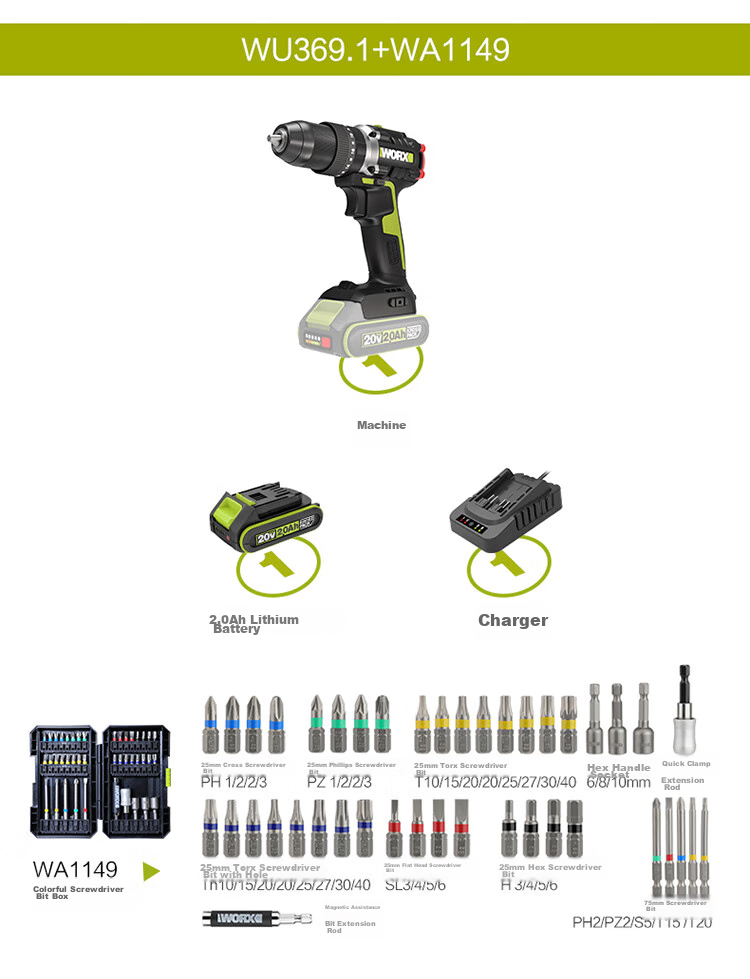 WORX 20V Brushless Impact Drill WU369.1 (Single Battery), Electric Drill with Lithium Battery, Pistol Drill for Home Use, Wall Drilling 27