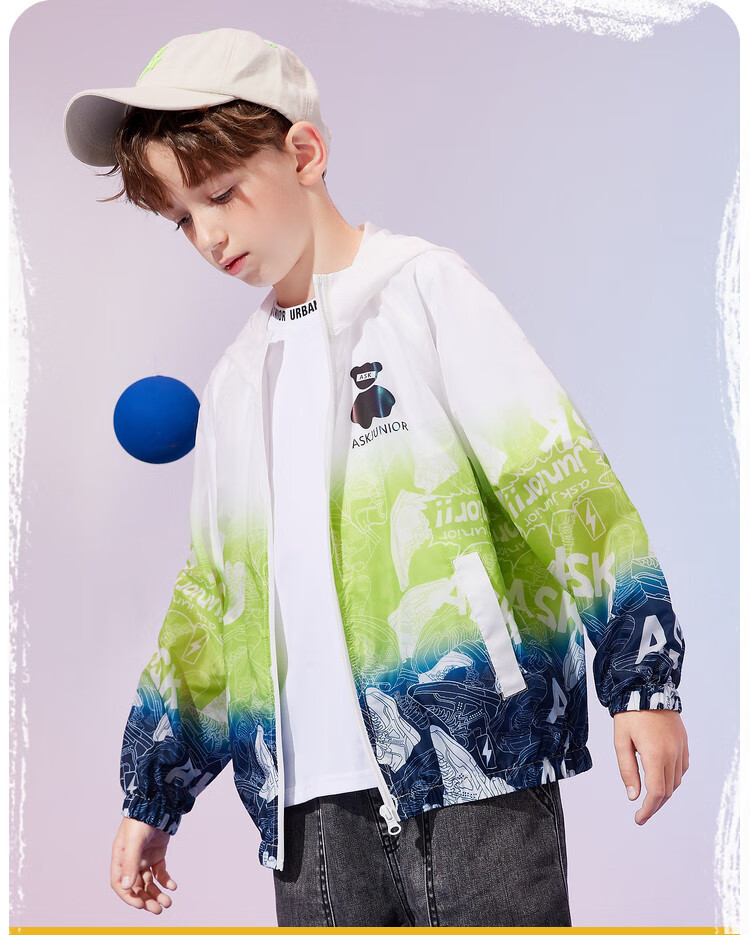 ASK JUNIOR Boys' Summer Air-Conditioned Jacket Skin Coat Colorblock Hooded Sports Windbreaker Light Blue 160 2
