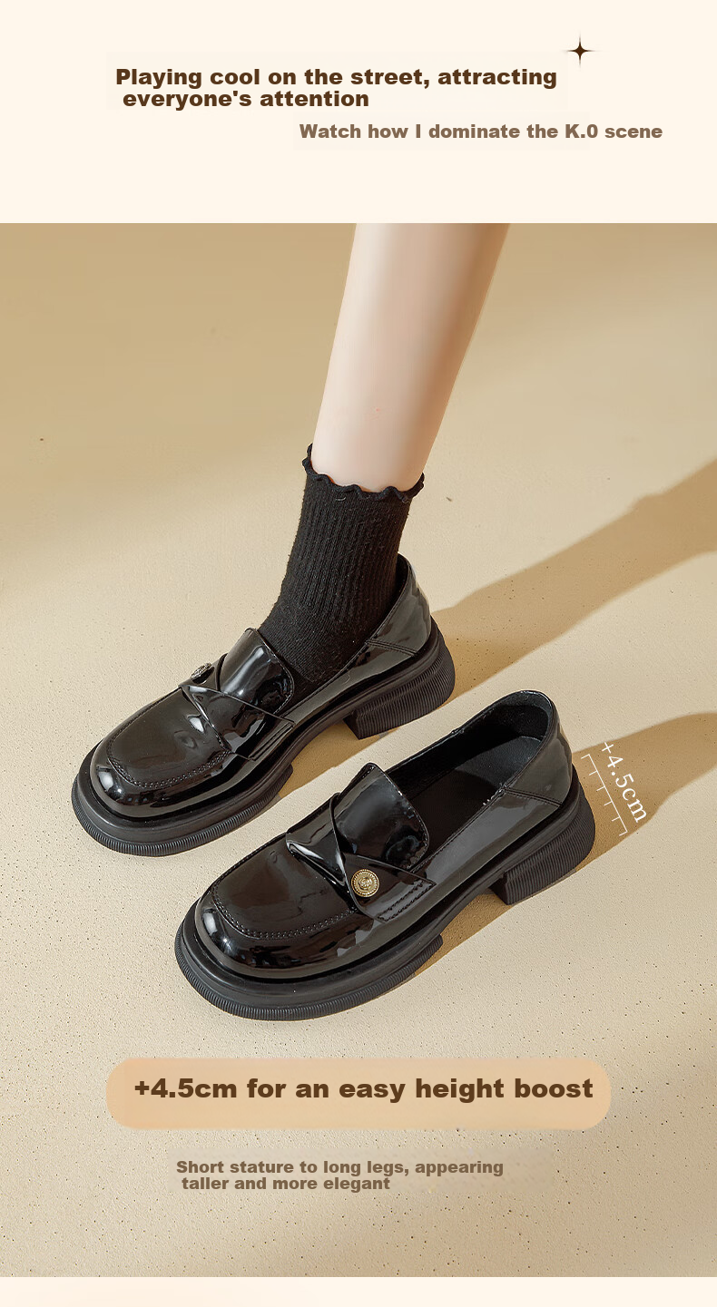 DAPHNE Black Leather Shoes for Women, Single Shoes 2026 New Style, Suitable for Skirts, British Style Patent Leather Shiny Flat Slip-On Loafers 2