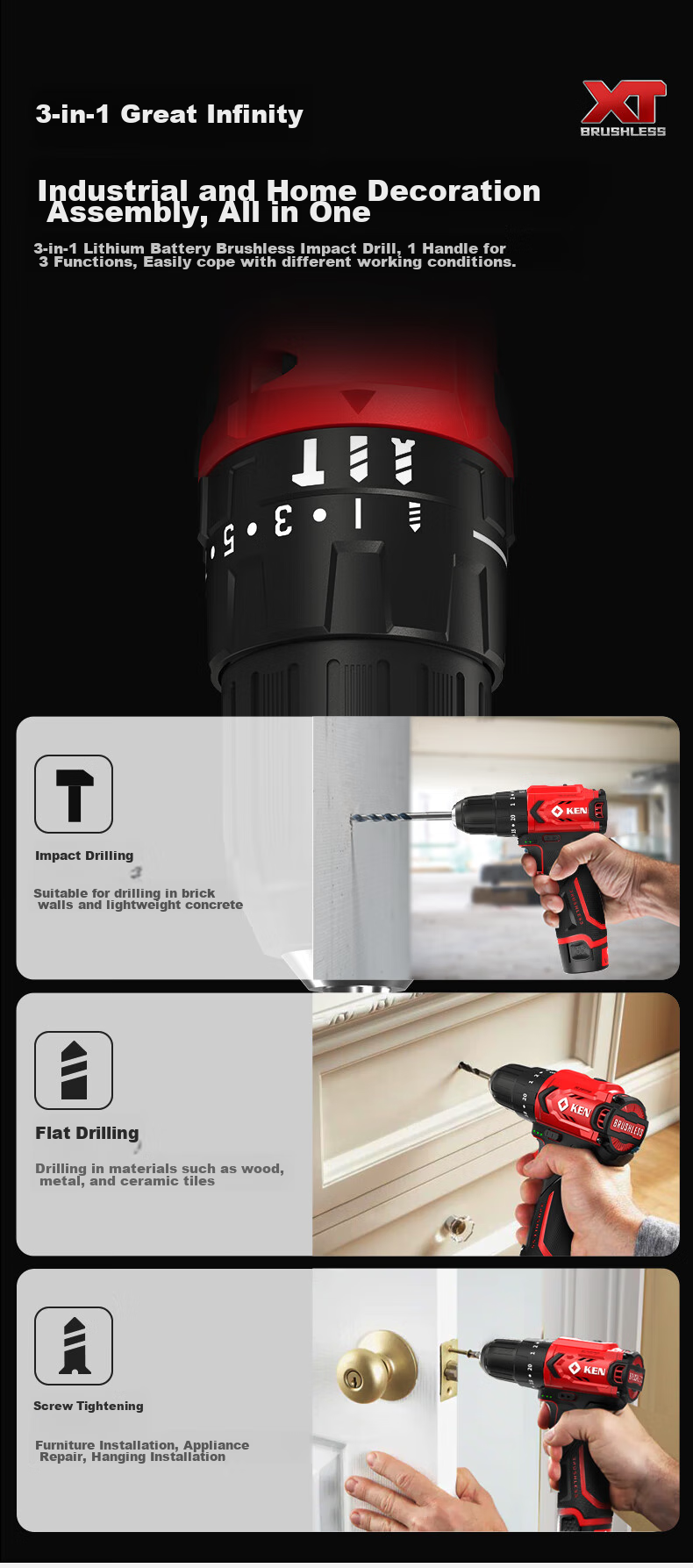 KEN 12V Impact Drill Q12XT-2 Brushless Lithium Drill, Multi-Functional Electric Drill, Household Screwdriver, Power Tool 3