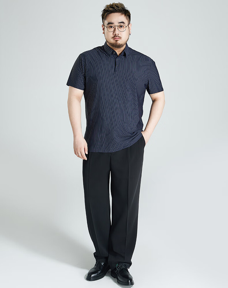 Ayoupang Summer Short-Sleeve Ice Silk Plus-Size Polo Shirt, Business Striped Loose Elastic T-Shirt for Men, Navy Blue, XL 4