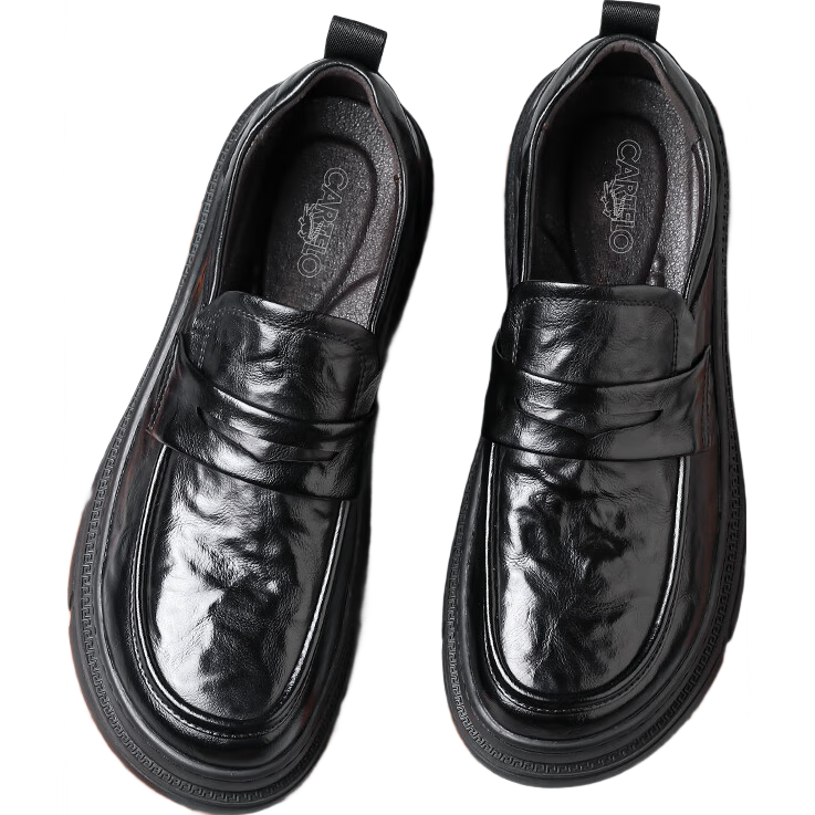 CARTELO Men's Slip-On Casual Leather Shoes with Thick Soles, Hand-Scratched Texture, Wrinkle-Resistant Design, Men's Loafers, Style 9867, Black, Size 39