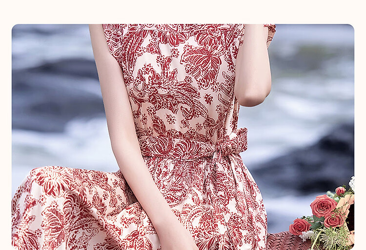 Demana [Dream Among Flowers] Summer National Style New Chinese Square Neck Tie Sleeve Waist Printed Elegant Women's Dress 4