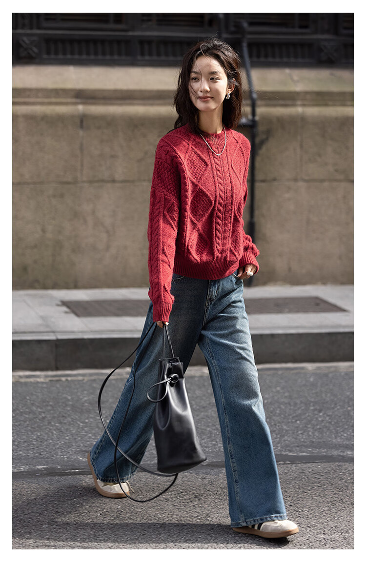 Dme [Romantic Red Knit Sweater], Spring And Autumn Round Neck Pullover Cable Knit Long-Sleeve Warm Sweater for Wome 3