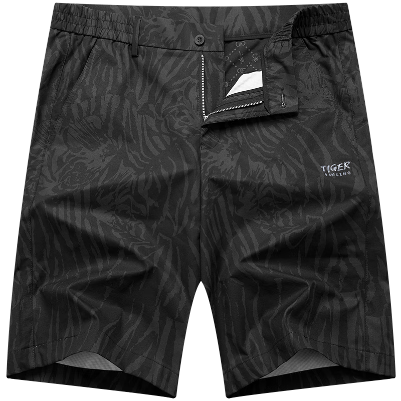 DANCING WOLVES [Tiger Pattern All Over] Summer Trendy Versatile Loose Men's Casual Shorts, 001 Black, Size 35