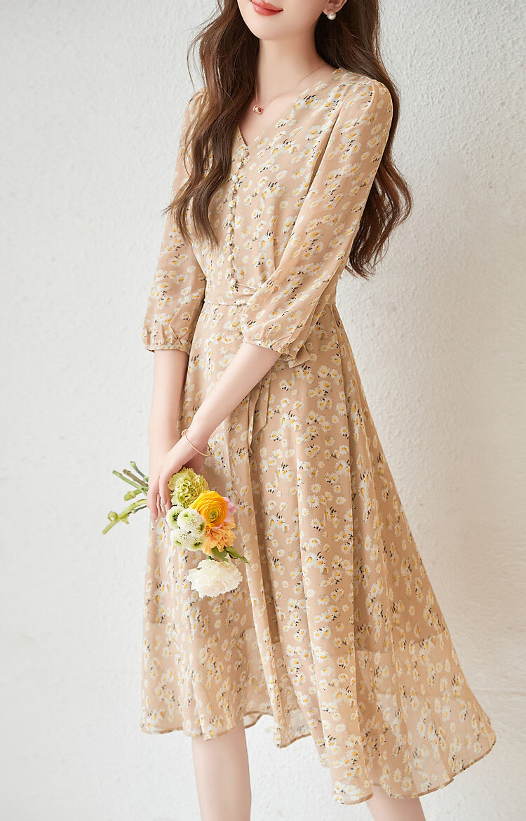 Dme [Xiao Zhi Ju Print Chiffon Dress], Spring And Autumn V-Neck Waist-Cinching Puff Sleeve Midi Dress for Wome 9