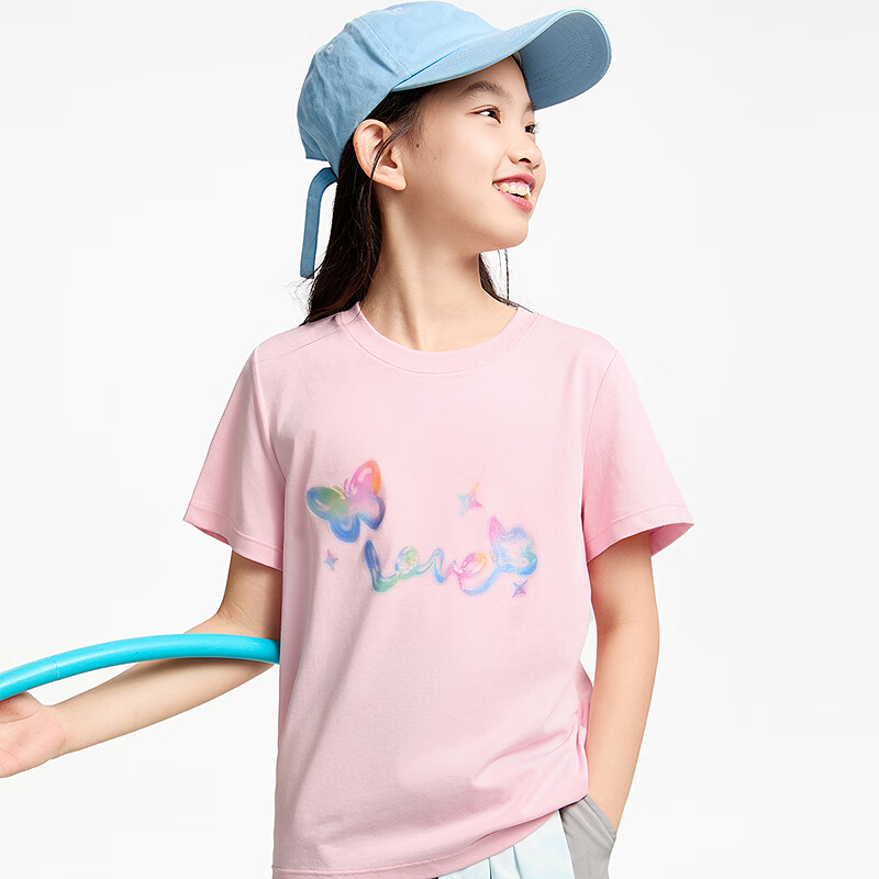 Annil Girls' Round Neck Short-Sleeve T-Shirt, New Summer 2025 Style, Cherry Blossom Pink, Size 120