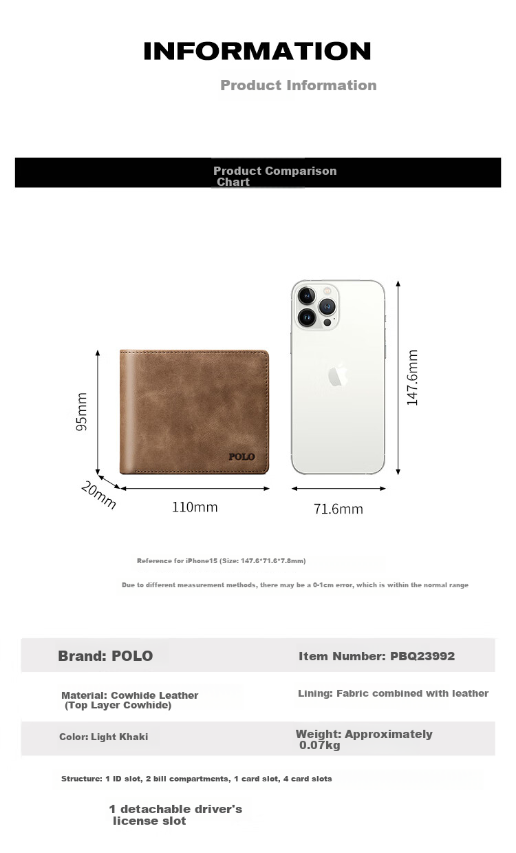 POLO Wallet for Men, Top-Grain Leather Billfold with Multiple Card Slots, Driver's License Holder, Short Bifold Wallet, Gift Box, Birthday Present 12