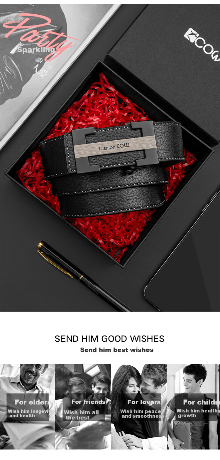 COW Men's Automatic Buckle Genuine Leather Casual Top-Grain Cowhide Belt, Gift Box for Boyfriend Or Father, 998 Black 14
