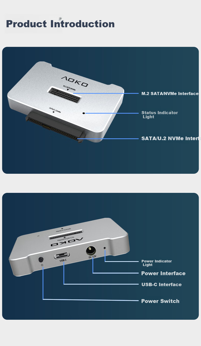 AOKO U.2/U.3/SATA/M.2 Hard Drive Dock, U.2 SSD Enclosure, NVME External Case, U2 to USB Converter, 2.5/3.5-Inch SATA Hard Drive Reader Adapter AU10SL 19