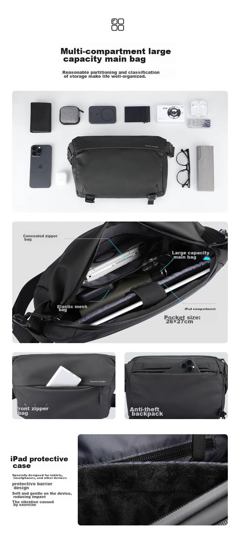 MARK RYDEN Large Capacity Lightweight Casual Versatile Crossbody Bag, Fashionable Trendy Commuter Cycling Functional Flat Shoulder Bag Chest Pack 4