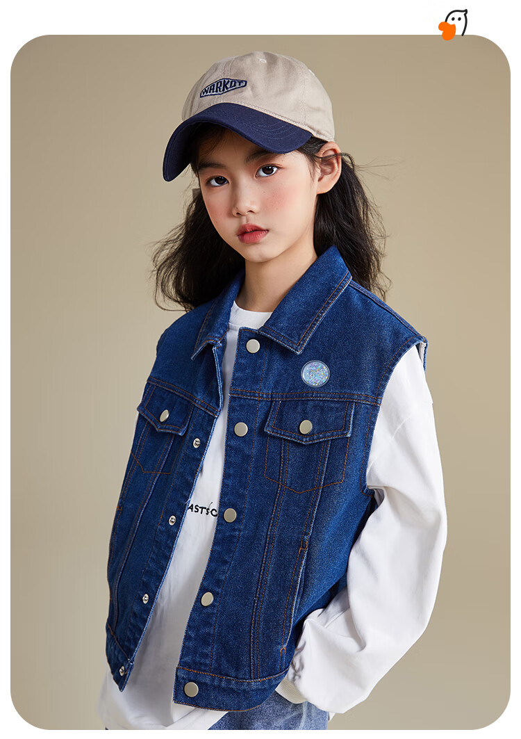 QQ DUCK Children's Denim Vest Girls' Sleeveless Jacket Youth Clothing Classic Vest Navy Blue; 165 6