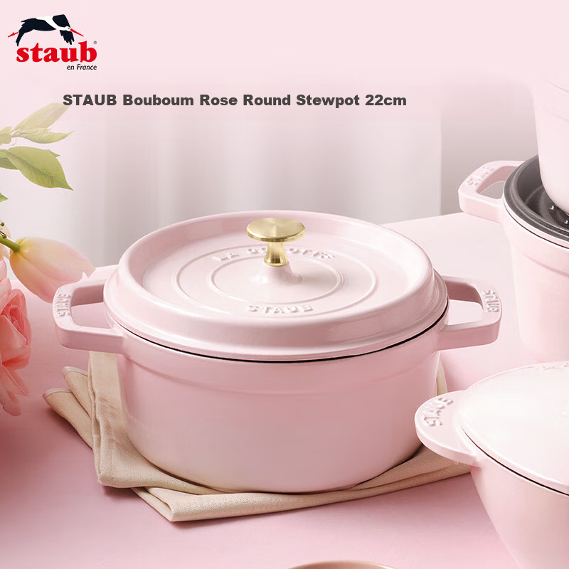 Staub French Imported Enamel Cast Iron Pot with Double Handles, Round Stew Pot, Mousse Rose, 22cm, 1030215