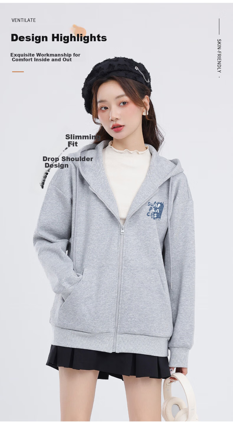 MJ STYLE Hooded Sweatshirt Jacket for Women, New Autumn 2026 Style, Solid Color Simple Casual Loose Versatile Cardigan Top 4