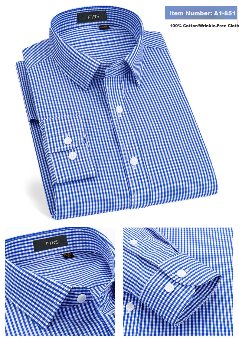 FIRS [DP Wrinkle-Free] Men's Long-Sleeve Shirt, Wrinkle-Free Business Casual Pure Cotton Shirt, A1-T882 Long-Sleeve Blue Plaid, Size 38 3