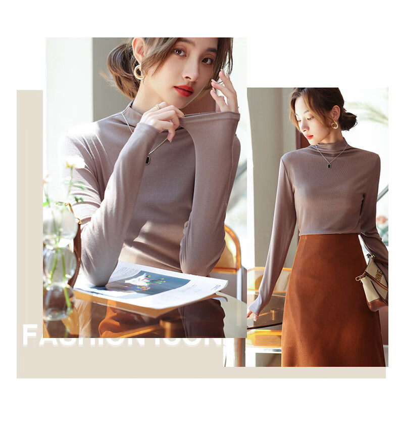 LangSha Modal Base Layer Women's Autumn New Half Turtleneck Top Elastic Slim Fit Long Sleeve T-Shirt 14