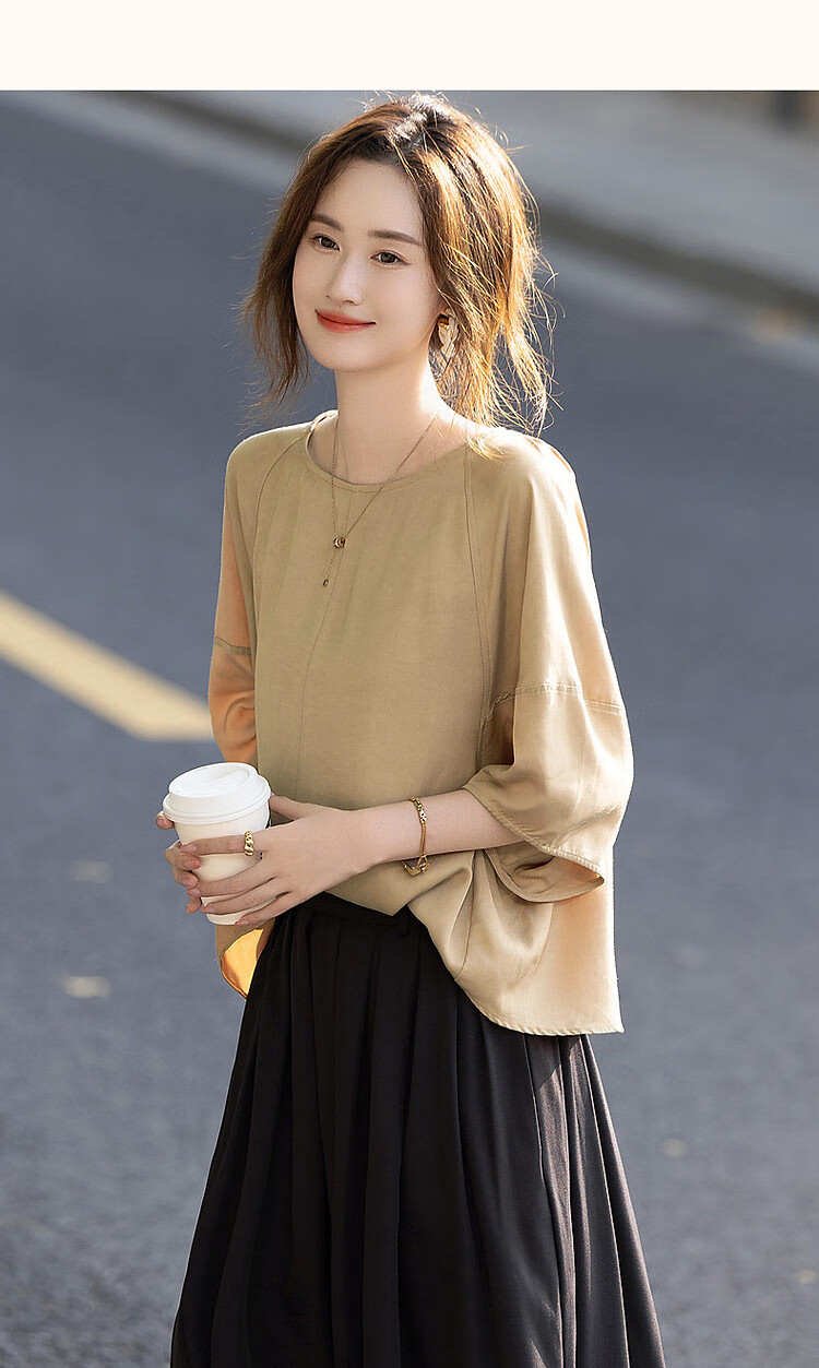 Dme [Monet Garden] Summer Lightweight Breathable Silk Blend Shirt, Round Neck, Loose Fit, Comfortable, Slimming Blouse Top 12