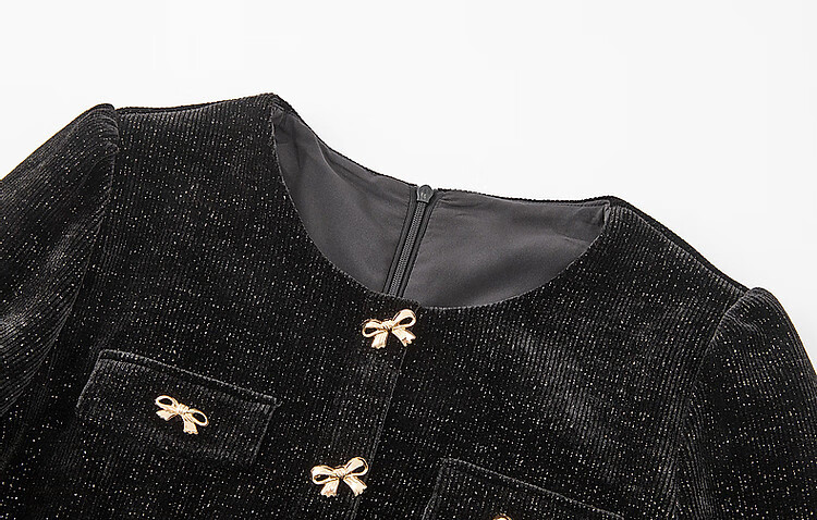 DME "New Year and Roses" Autumn/Winter Velvet Touch Shiny Silk Butterfly Bow Decorated Bubble Sleeve Waist-Enhancing Elegant Women's Dress 3